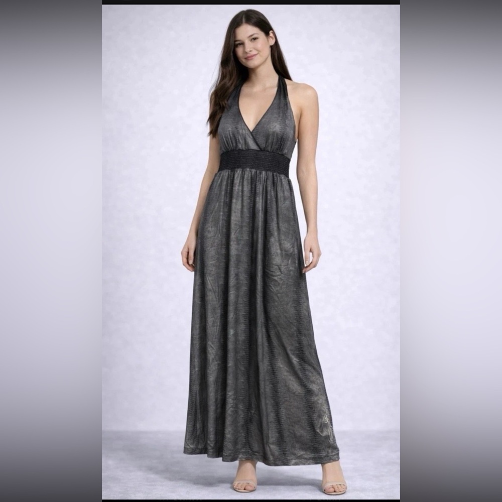 Baby Phat Y2K Women’s Metallic Snake Print Halter Maxi Dress Size M Silver Gray